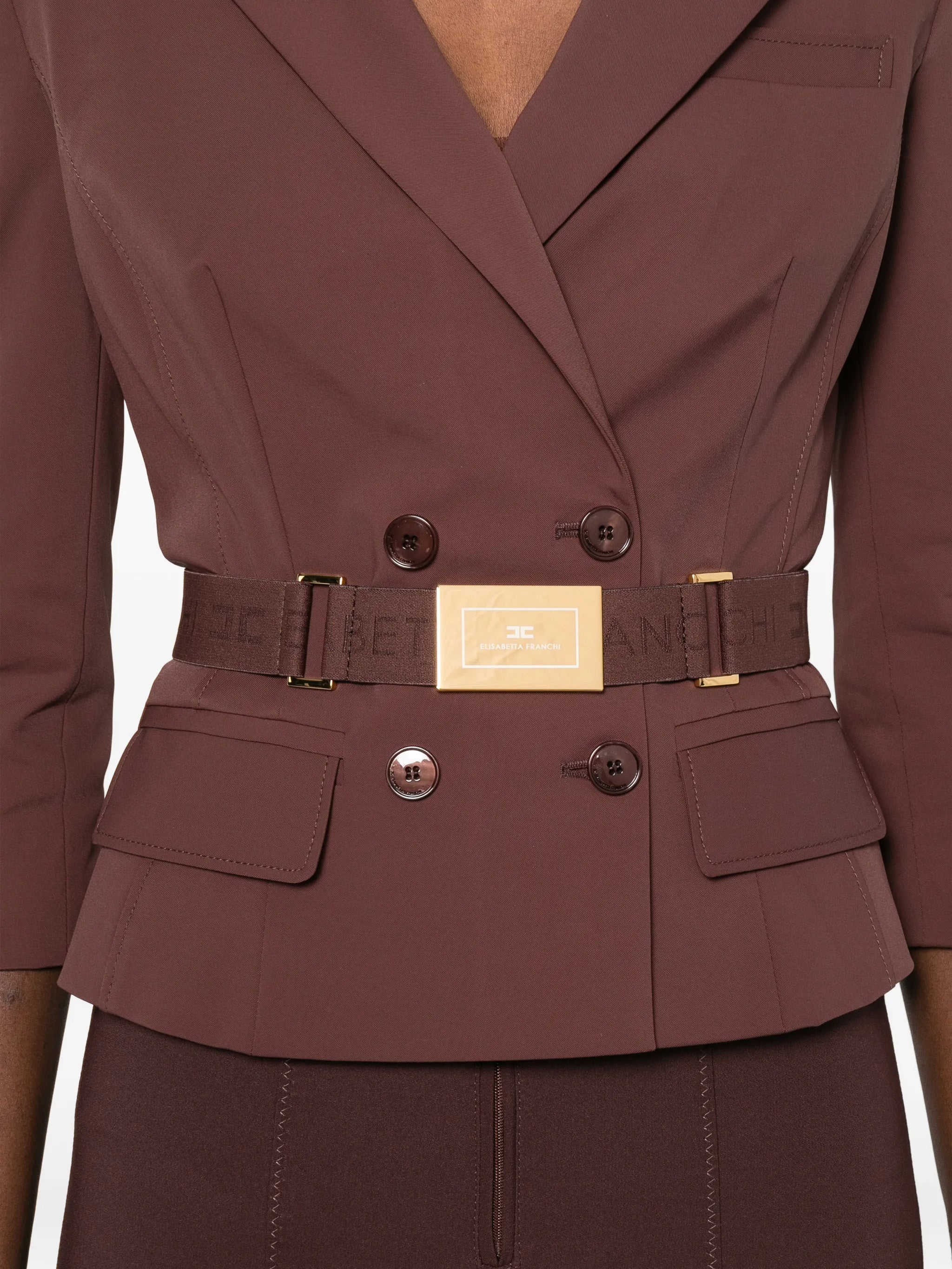 Double-Breasted Tailored Brown Belted Jacket