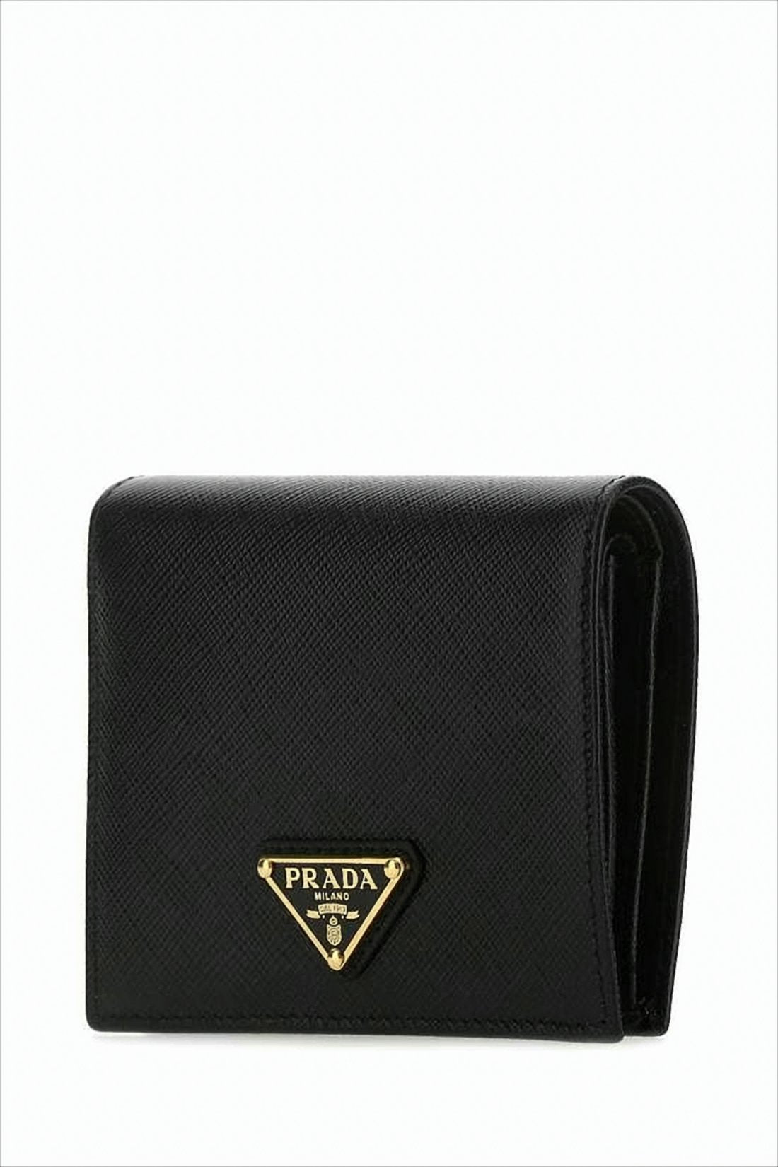 Textured Black Wallet with Triangular Logo Plaque