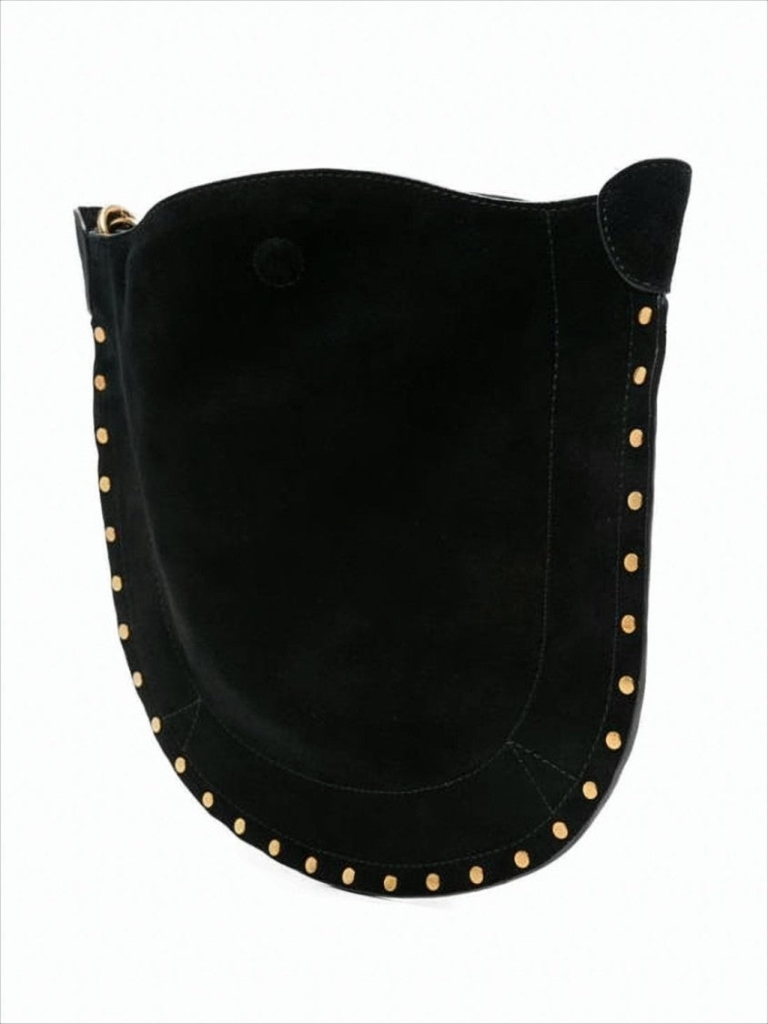 Curved Black Suede Shoulder Bag with Gold-tone Studs