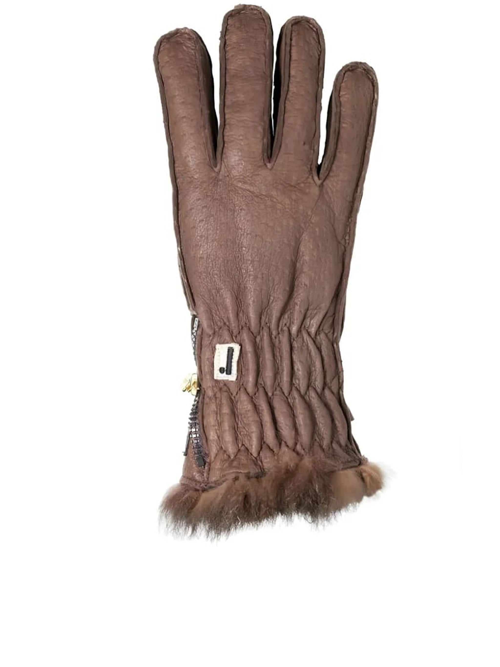 Brown Peccary Opossuy Fur-Trim Gloves