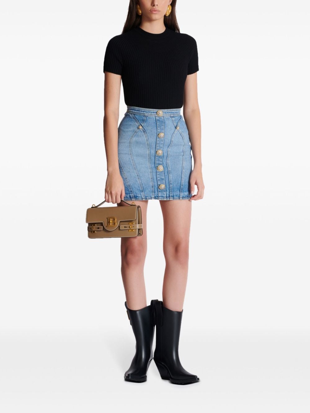 Thigh-Length Light Blue Stretch-Cotton Denim Skirt