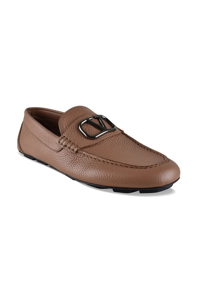 Camel Grained Leather Vlogo Loafers