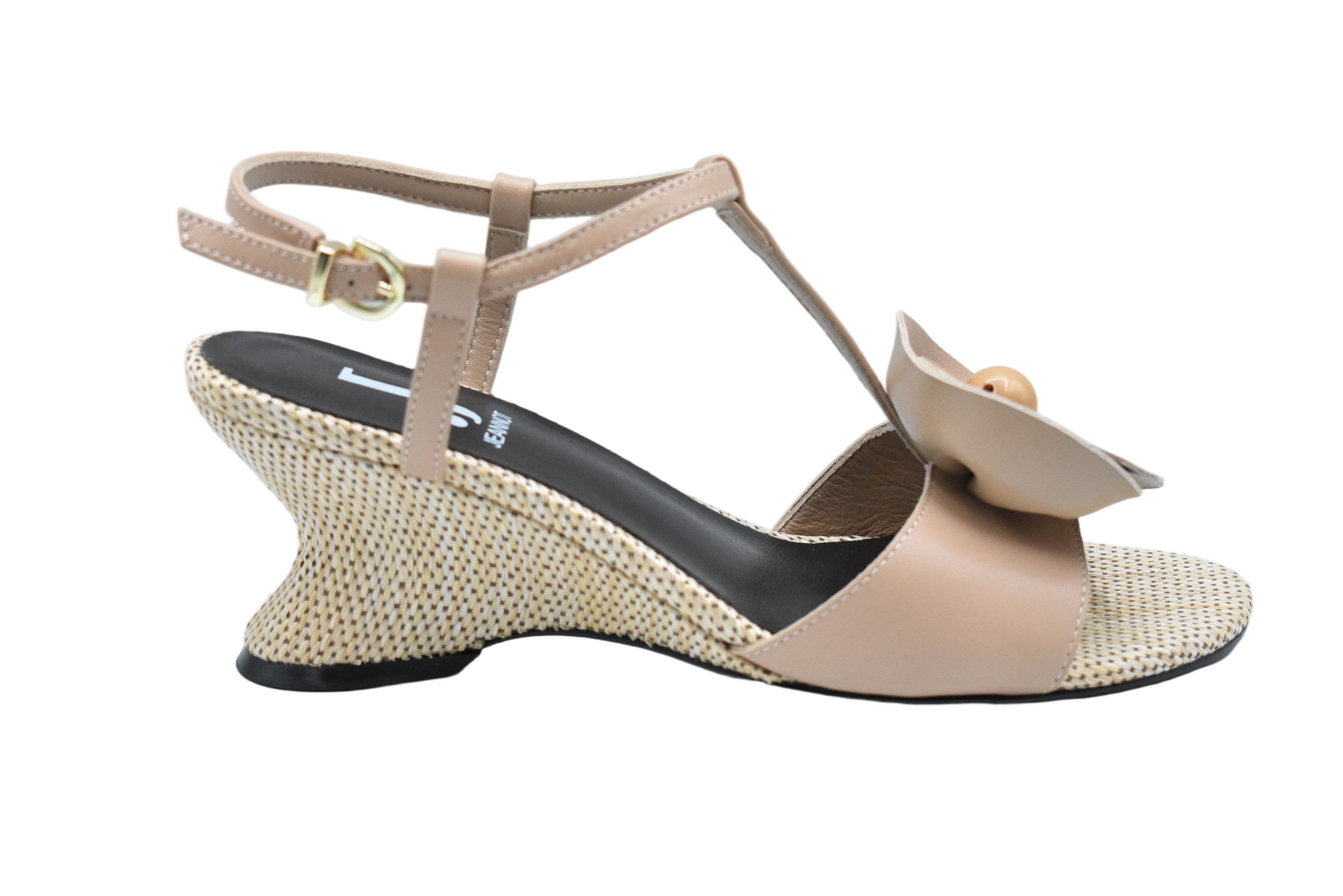Beige Leather Low Wedge Sandals With Decorative Flower