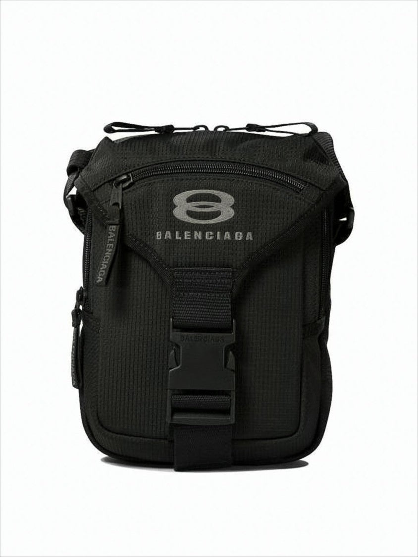 Textured Black Recycled Polyamide Shoulder Bag With Adjustable Strap And Multiple Compartments