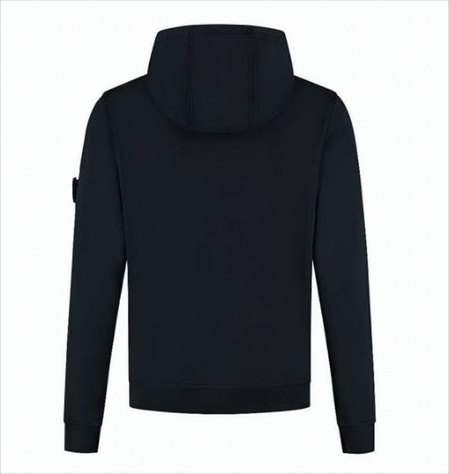 Minimalistyczna czarna bluza z kapturem ze ściągaczem i naszywką z logo