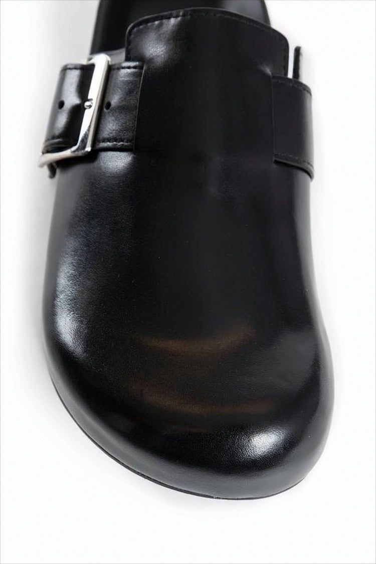 Black Calf Leather Mule with Silver Buckle Detail