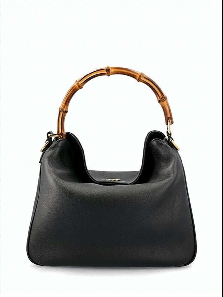 Leather Shoulder Bag with Bamboo Handle
