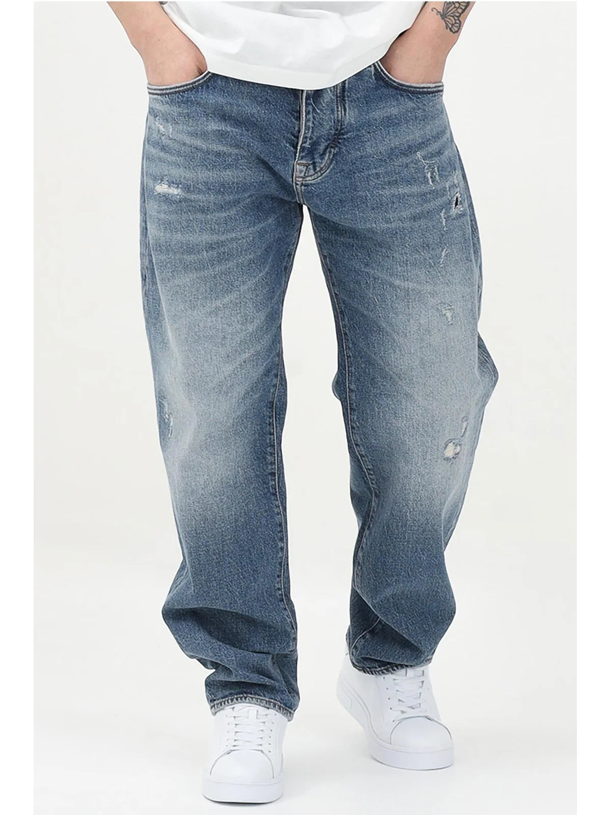 Blue Cotton Elastane Loose Tapered Jeans
