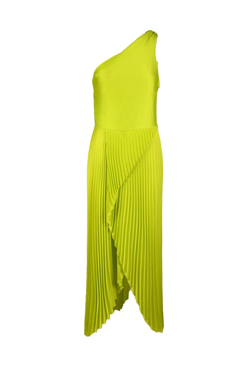 One-Shoulder Pleated Dress - Green