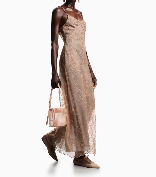 Long Embroidered Tulle V Neck Dress