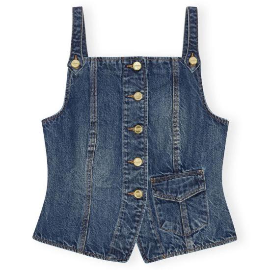 Sleeveless Denim Top with Square Neckline and Asymmetrical Hem