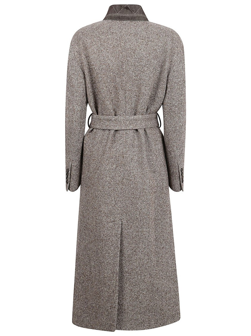 Brown Tweed Coat With Self-Tie Belt