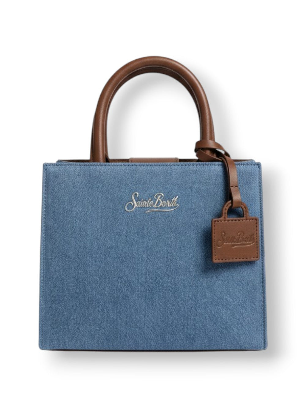 Structured Rectangular Handbag With Textured Blue Body And Smooth Brown Handles