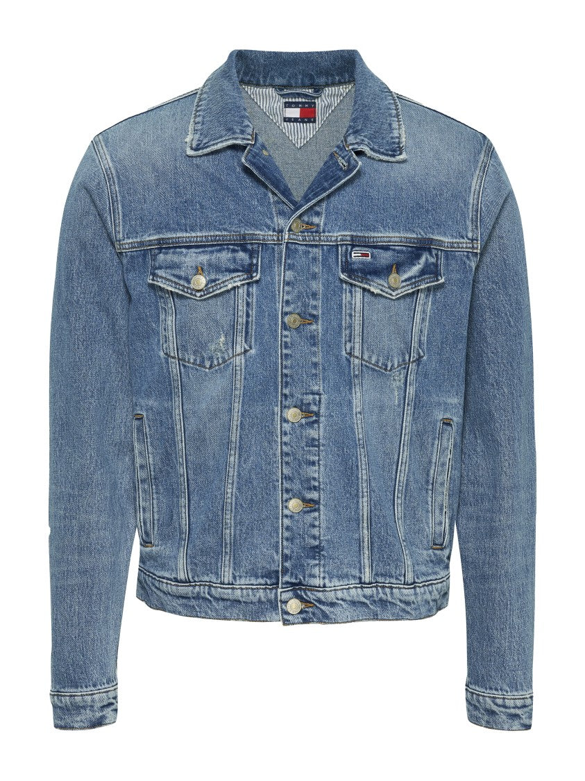 Distressed Denim Trucker Jacket With Chest Pockets