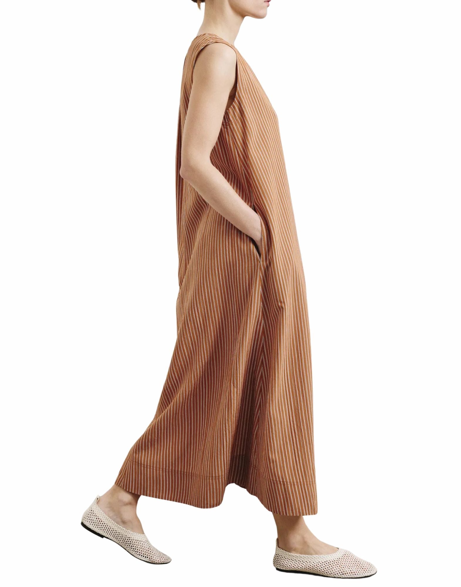Long Striped Technical Viscose Dress In Apricot