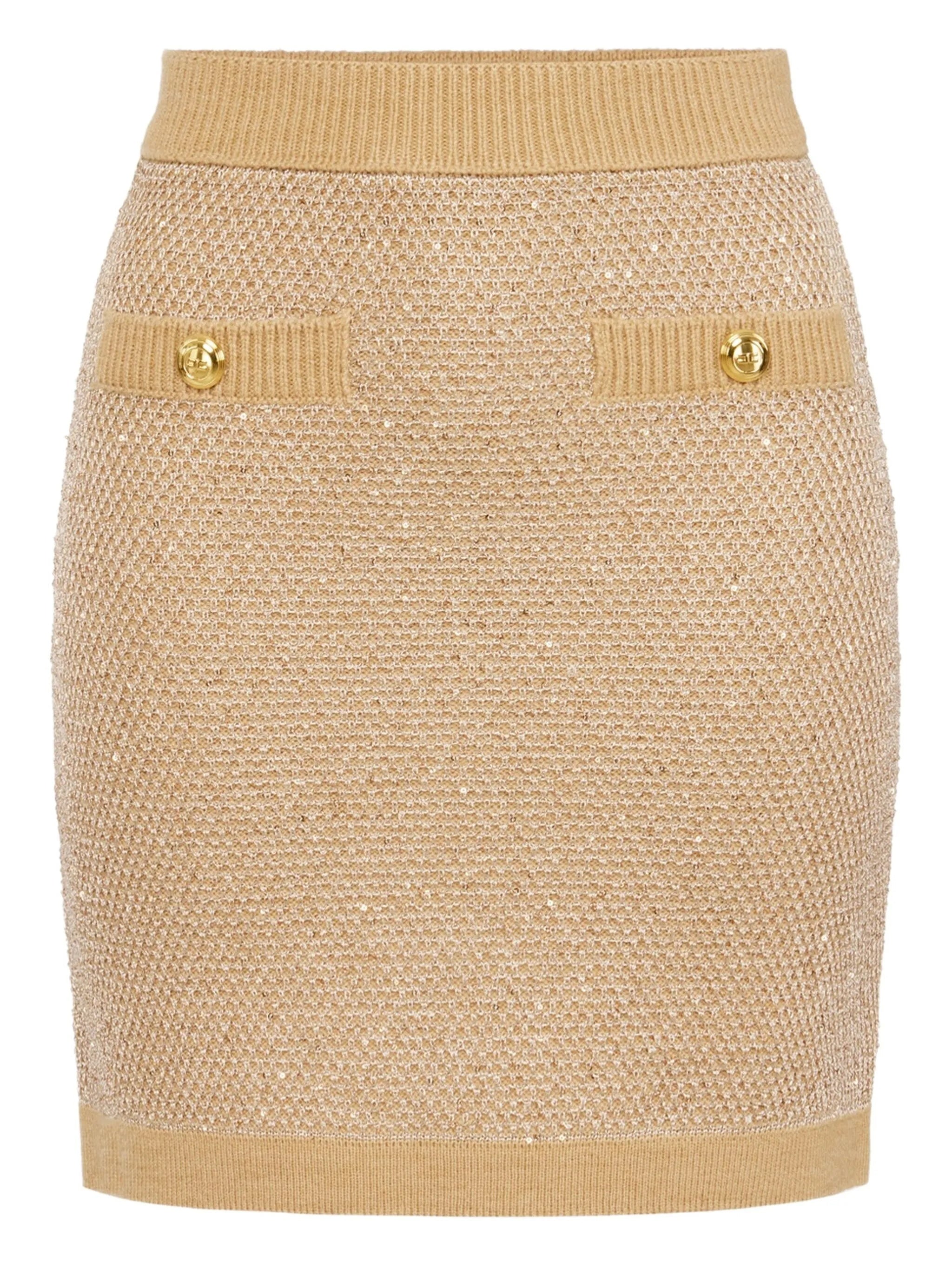 Beige Textured Knitted Button Mini Skirt