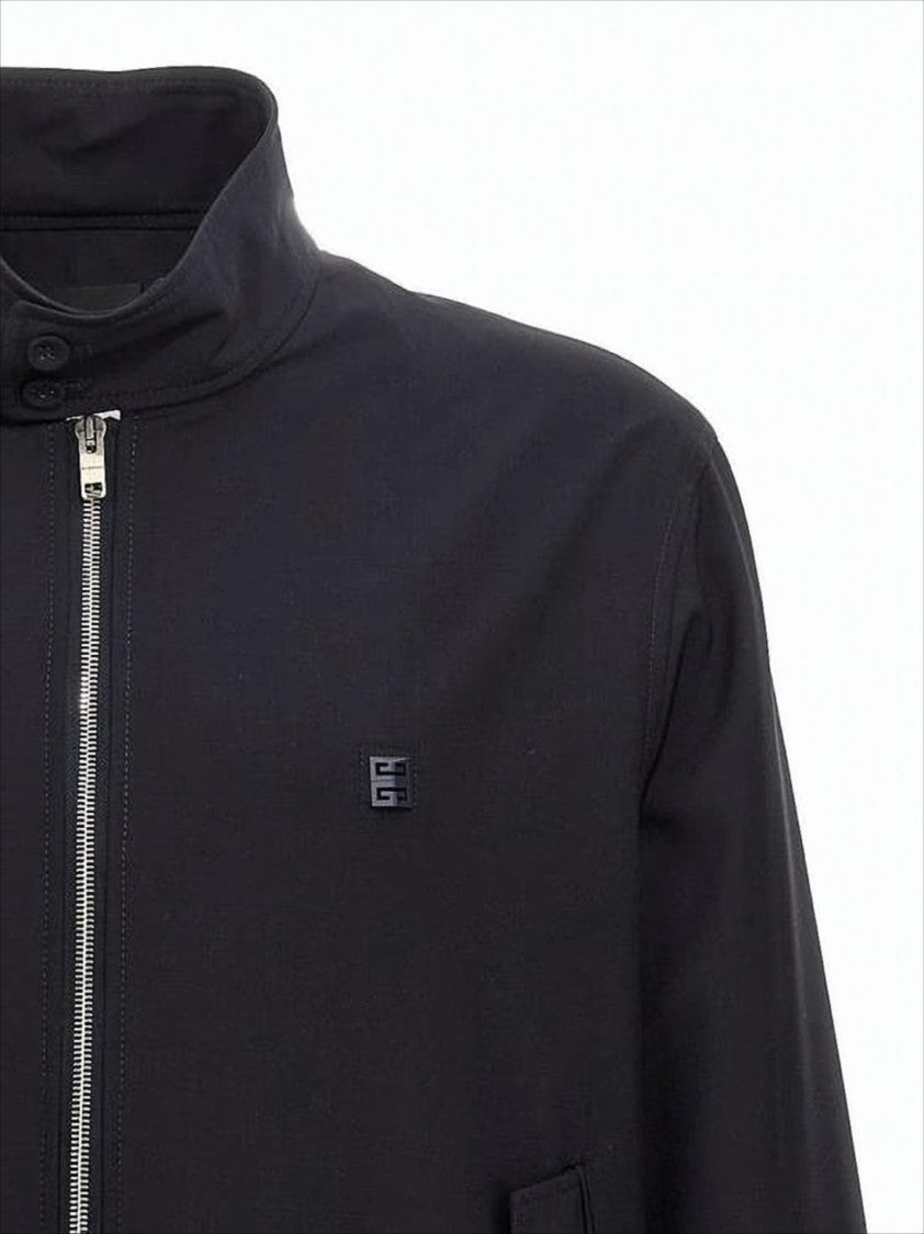 High Collar Black Jacket with Button Closure and Ribbed Cuffs