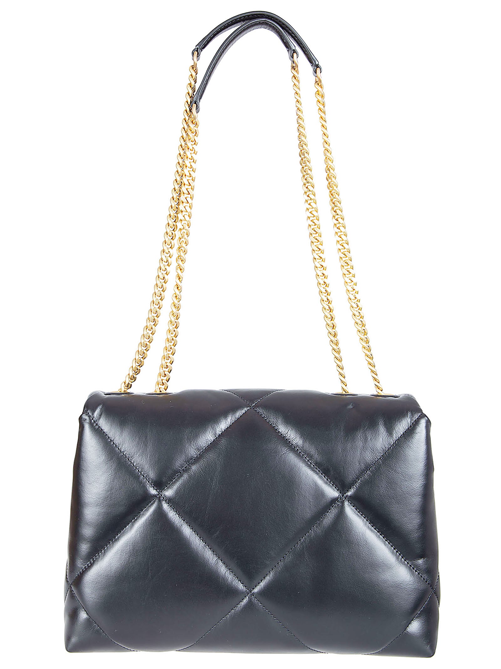 Rectangular Black Leather Quilted Bag with Magnetic Flap Closure