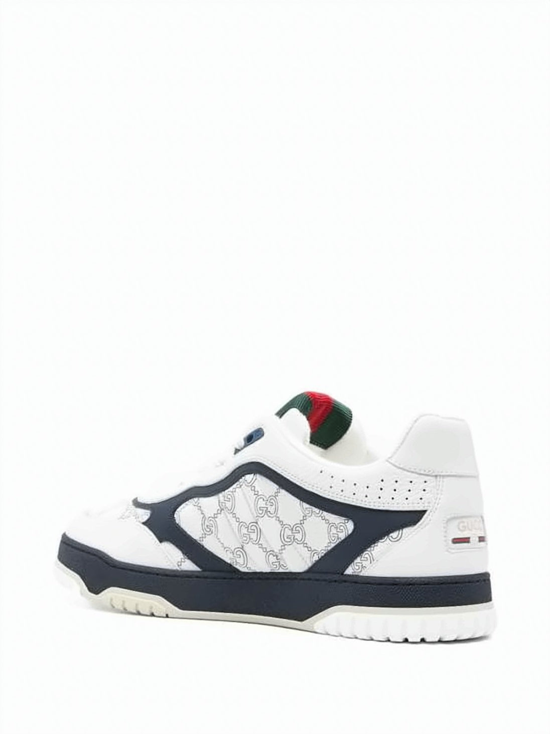 Low-Profile White Leather Sneakers with Navy Overlays and Monogram Side Panel