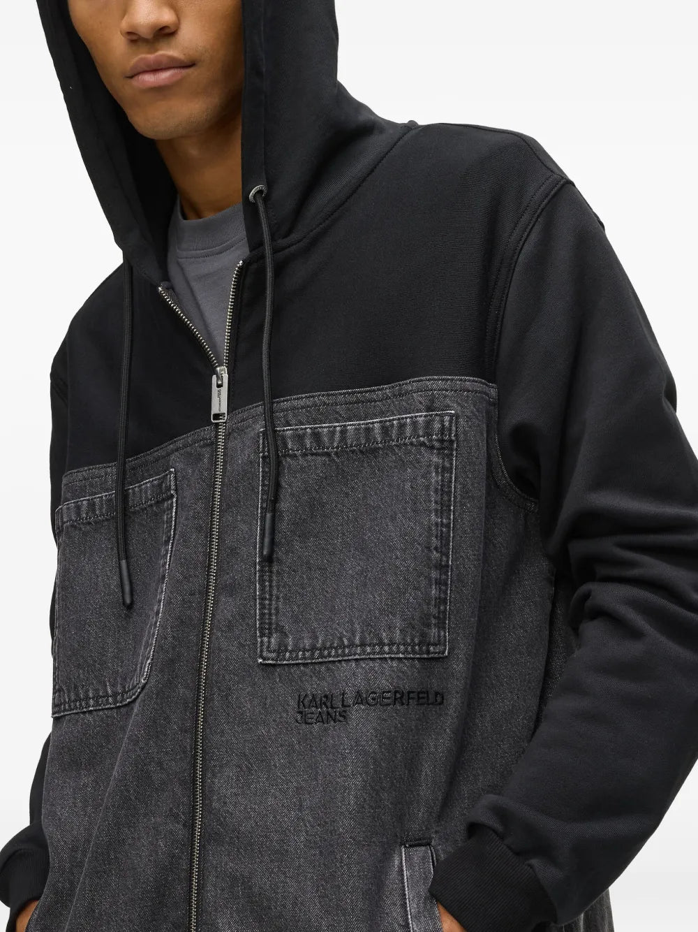 Denim-Panel Jacket with Hood and Ribbed Cuffs