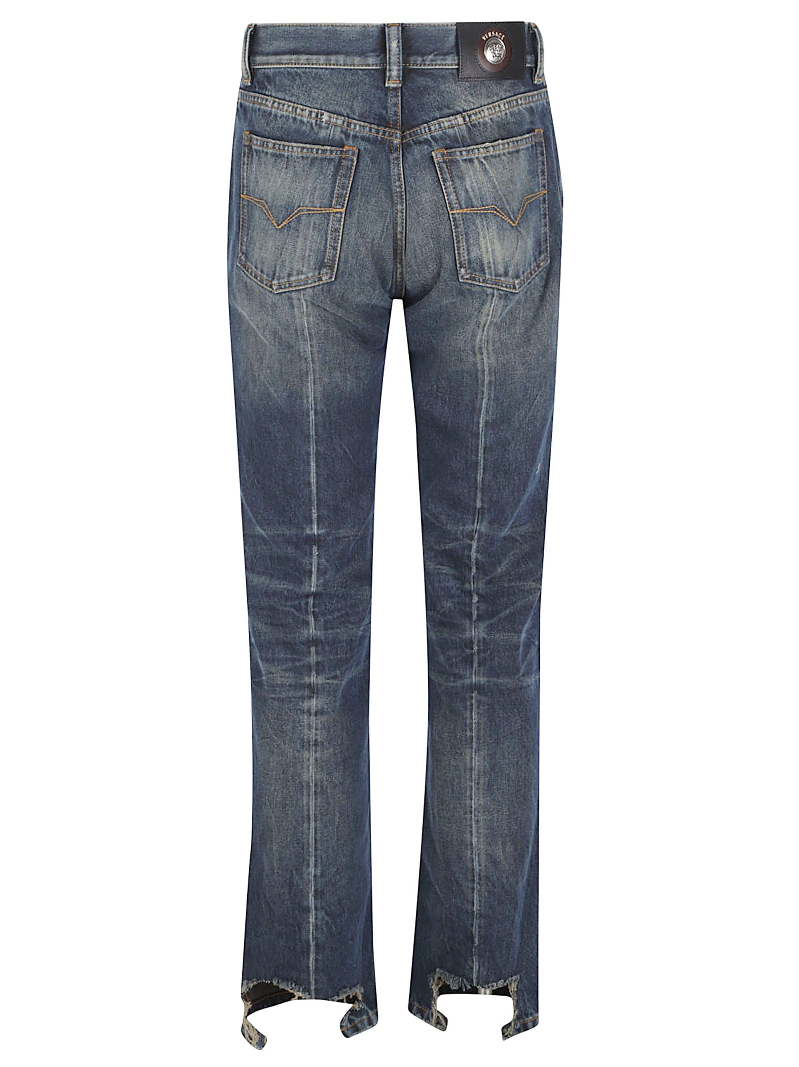 Distressed Blue Denim Straight-Leg Jeans with Medusa Emblem