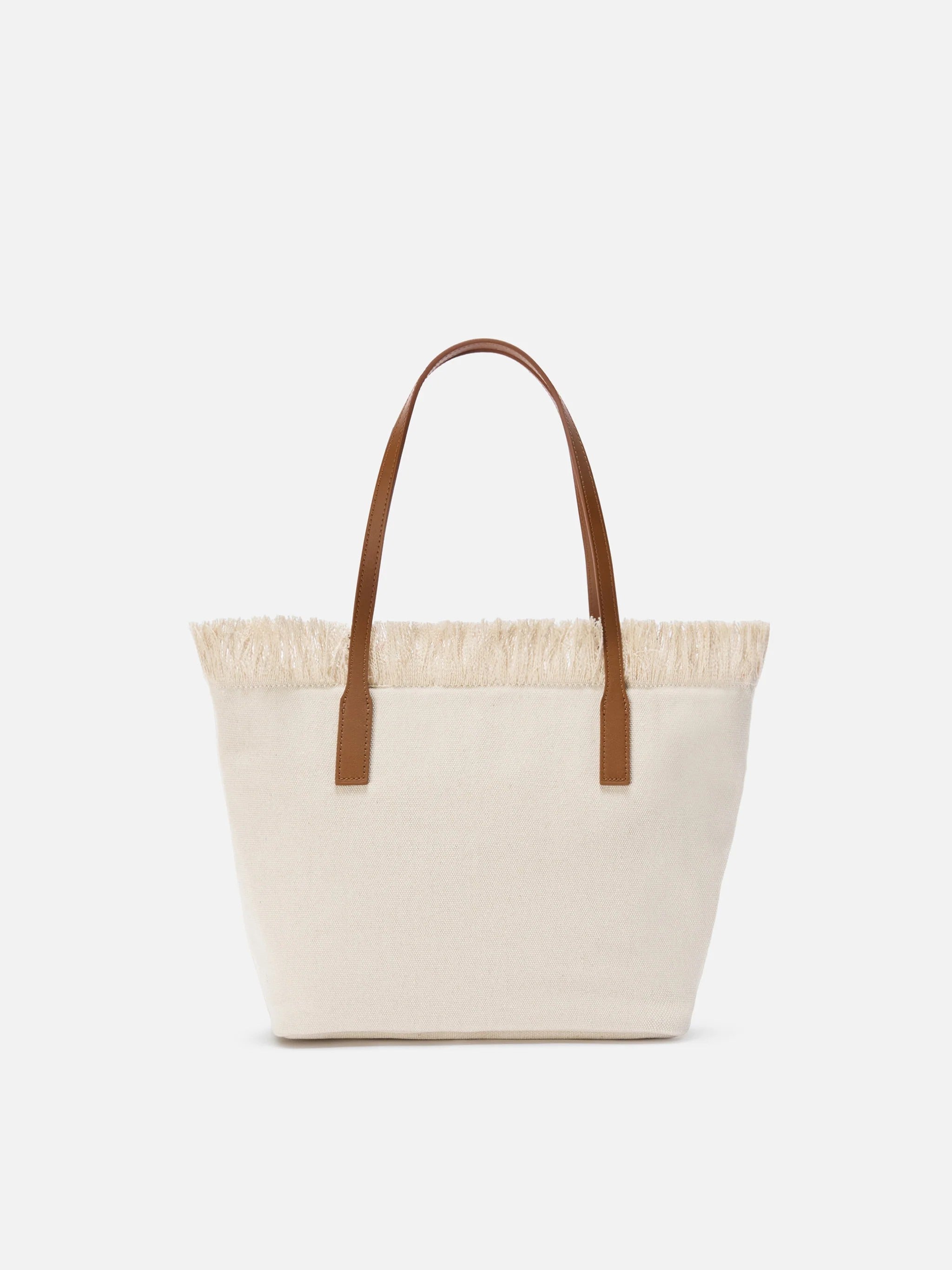 Fringed Beige Canvas Tote Bag with Leather Accents
