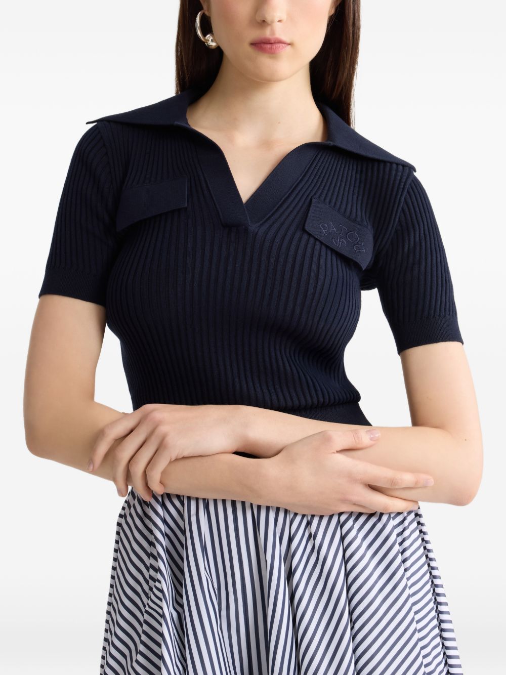 Deep V-Neck Short-Sleeved Sweater With Chest Pockets