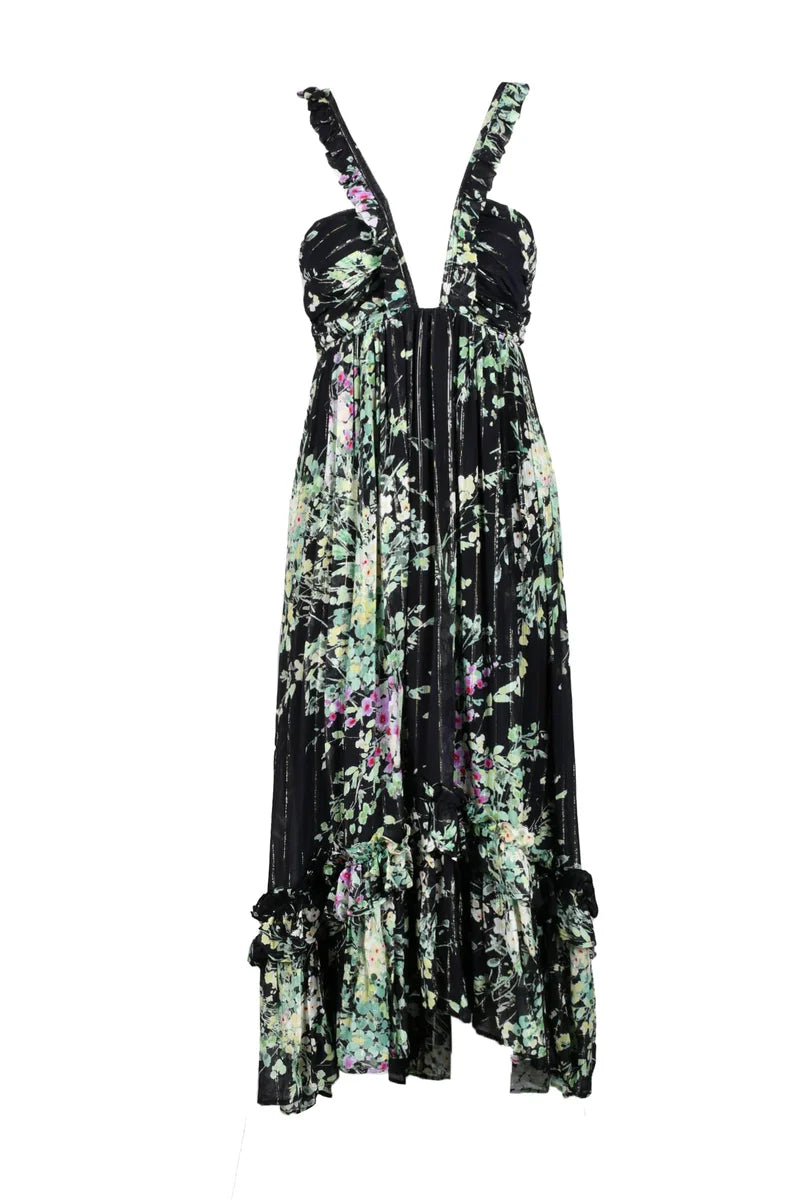 Maxi Dress with Floral Pattern and Ruffled Hem