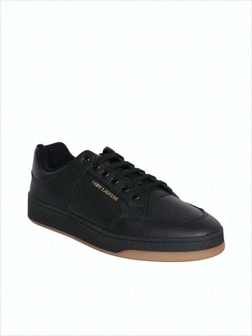 Low-Top Sneakers in Textured Cowhide with Gold Accents
