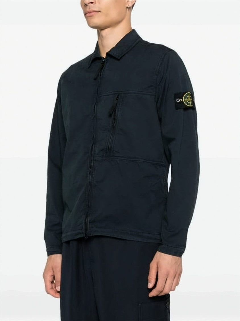Long-Sleeve Black Casual Shirt with Zip Pocket and Patch Logo