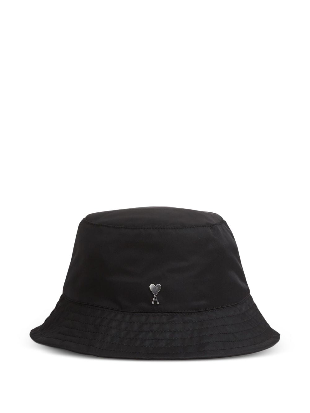 Rounded Brim Black Bucket Hat with Heart Emblem