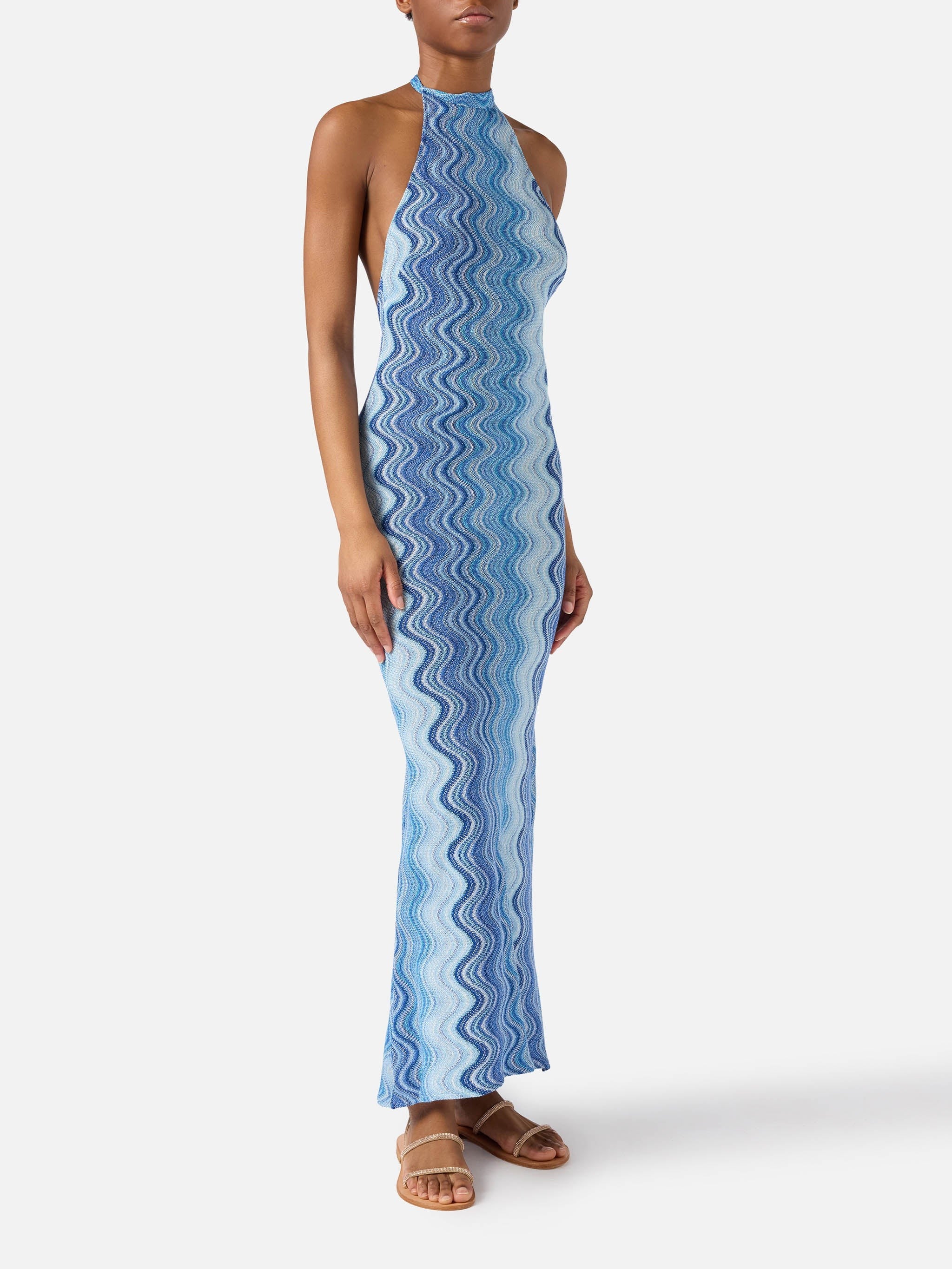 Wavy Abstract Pattern Maxi Dress with Halter Neckline