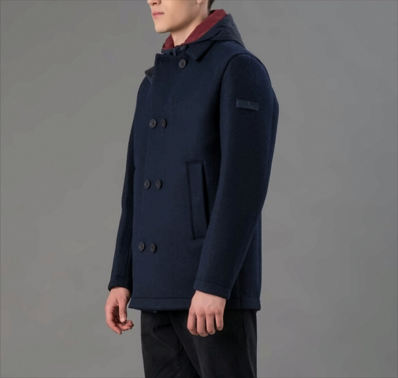 Double-Breasted Blue Coat With Detachable Hood