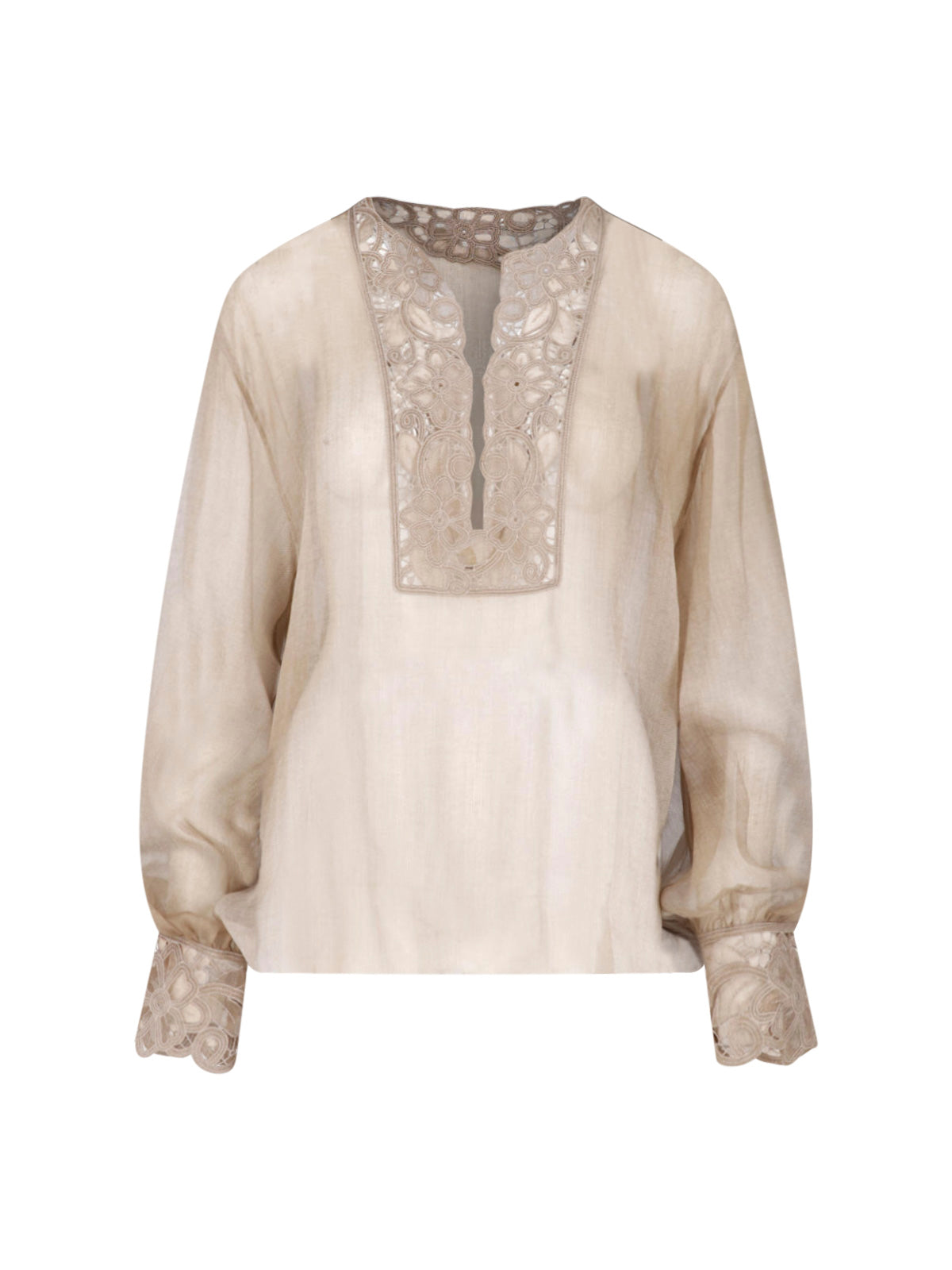 Beige Deep V-Neck Floral Lace Blouse