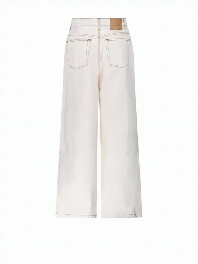 Light Cream Wide-Leg Denim Pants with Contrasting Stitching