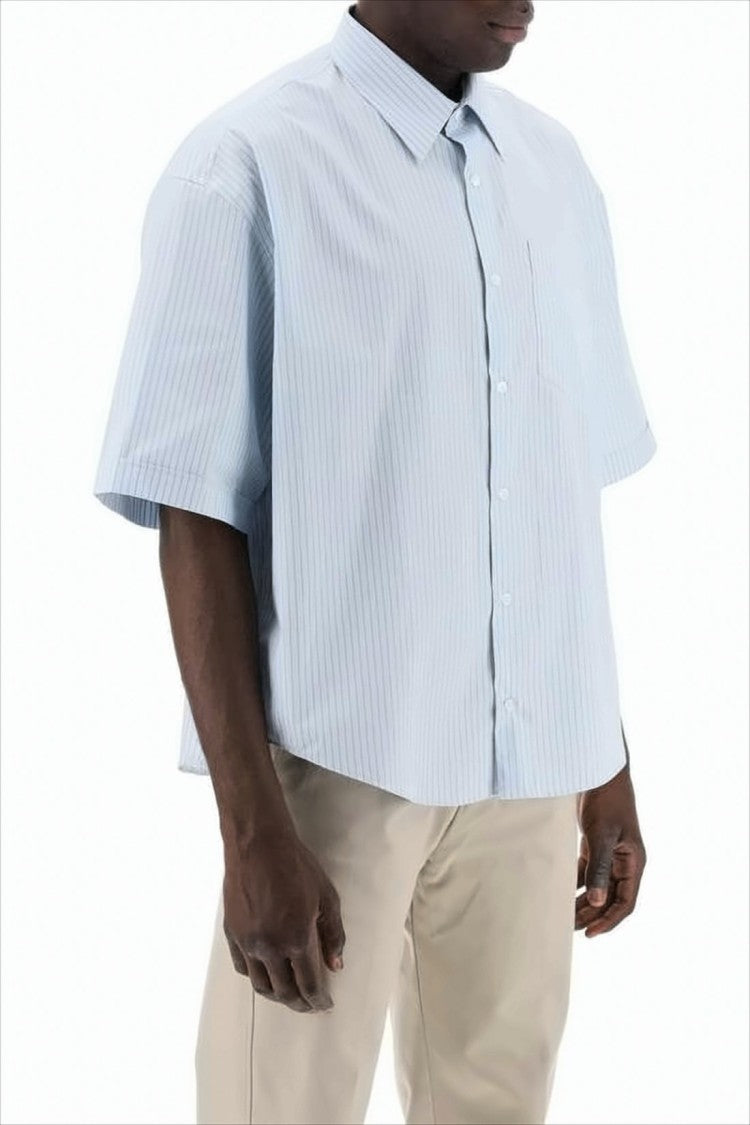 Boxy Oversized Short-Sleeve Shirt with Pastel Stripes