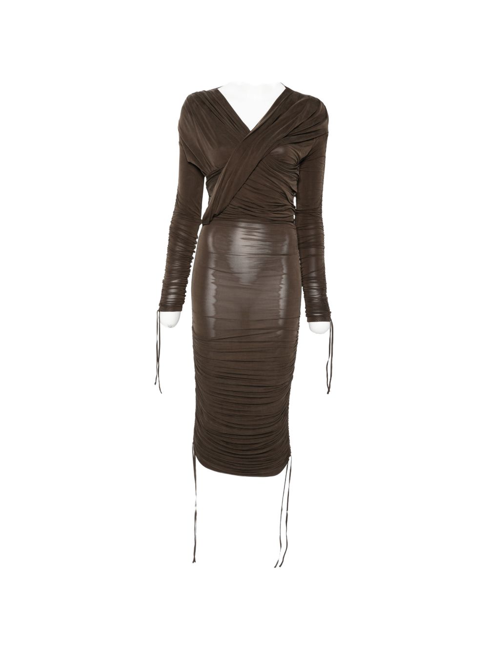 Brown Gathered Long Sleeve Midi Dress