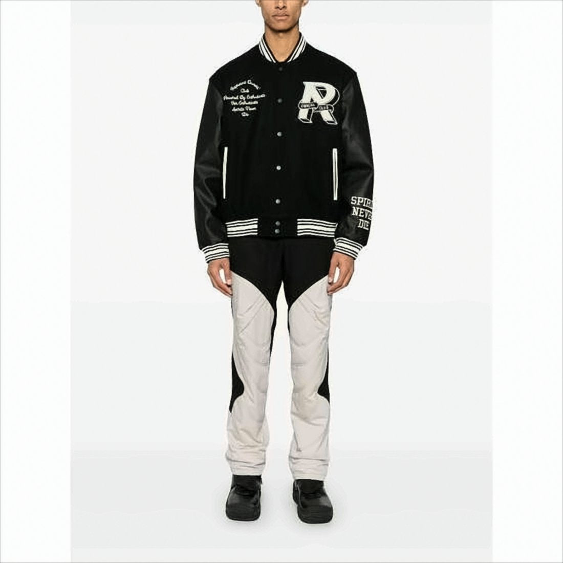Varsity-Style Jacket with Contrasting Leather Sleeves