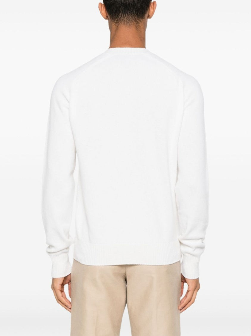 White Crew Neck Sweater in Wool-Cashmere Blend
