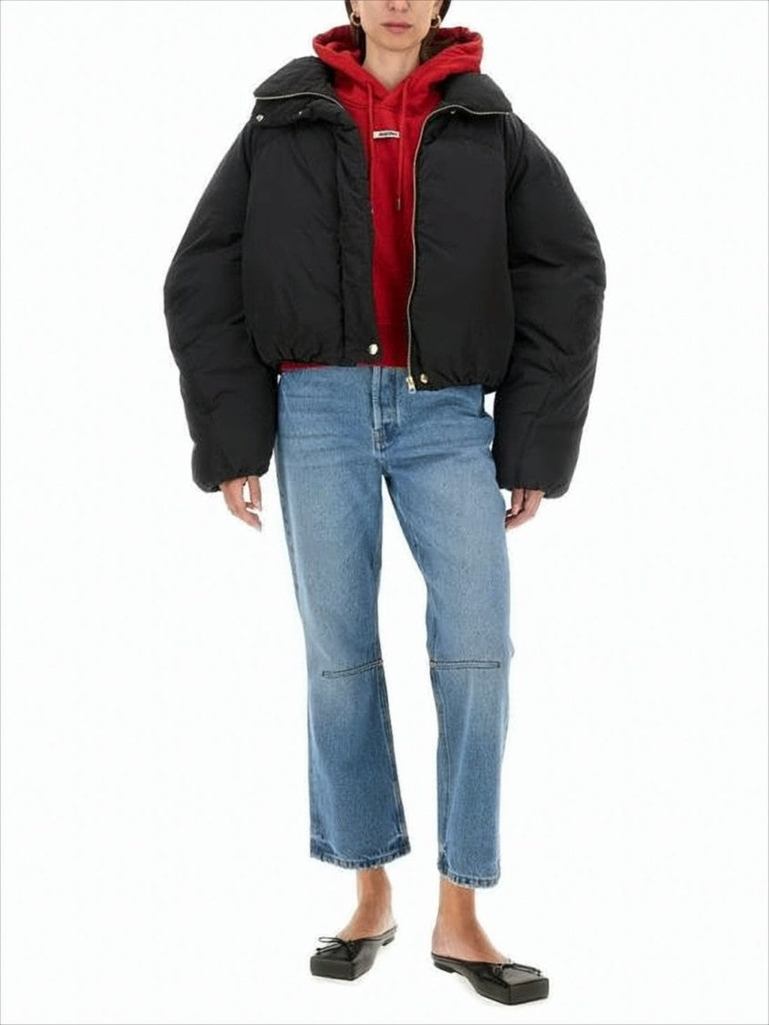 Cropped Black Puffer Jacket with Oversized Sleeves