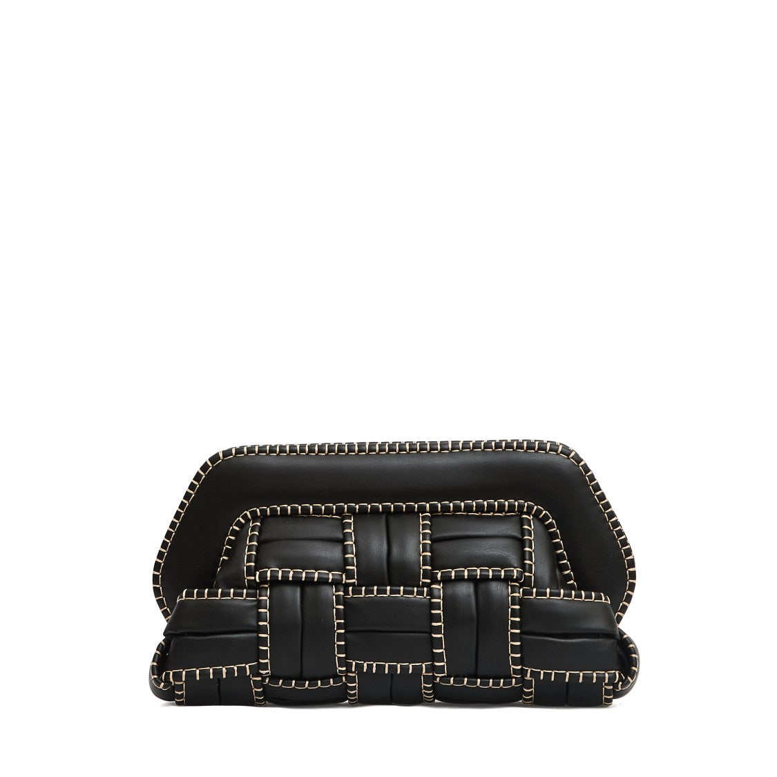Structured Black Vegan Leather Clutch With Beige Stitching