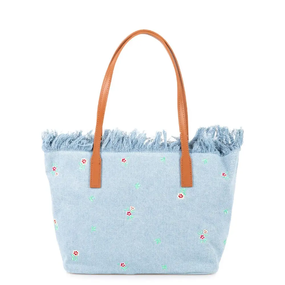 Light Blue Denim Tote Bag with Floral Embroidery
