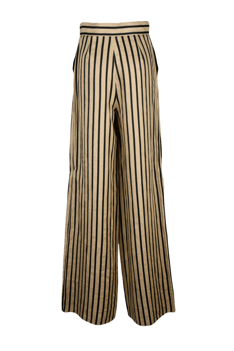 Wide Leg Cestino Trousers Linen/Cotton - Beige/Black