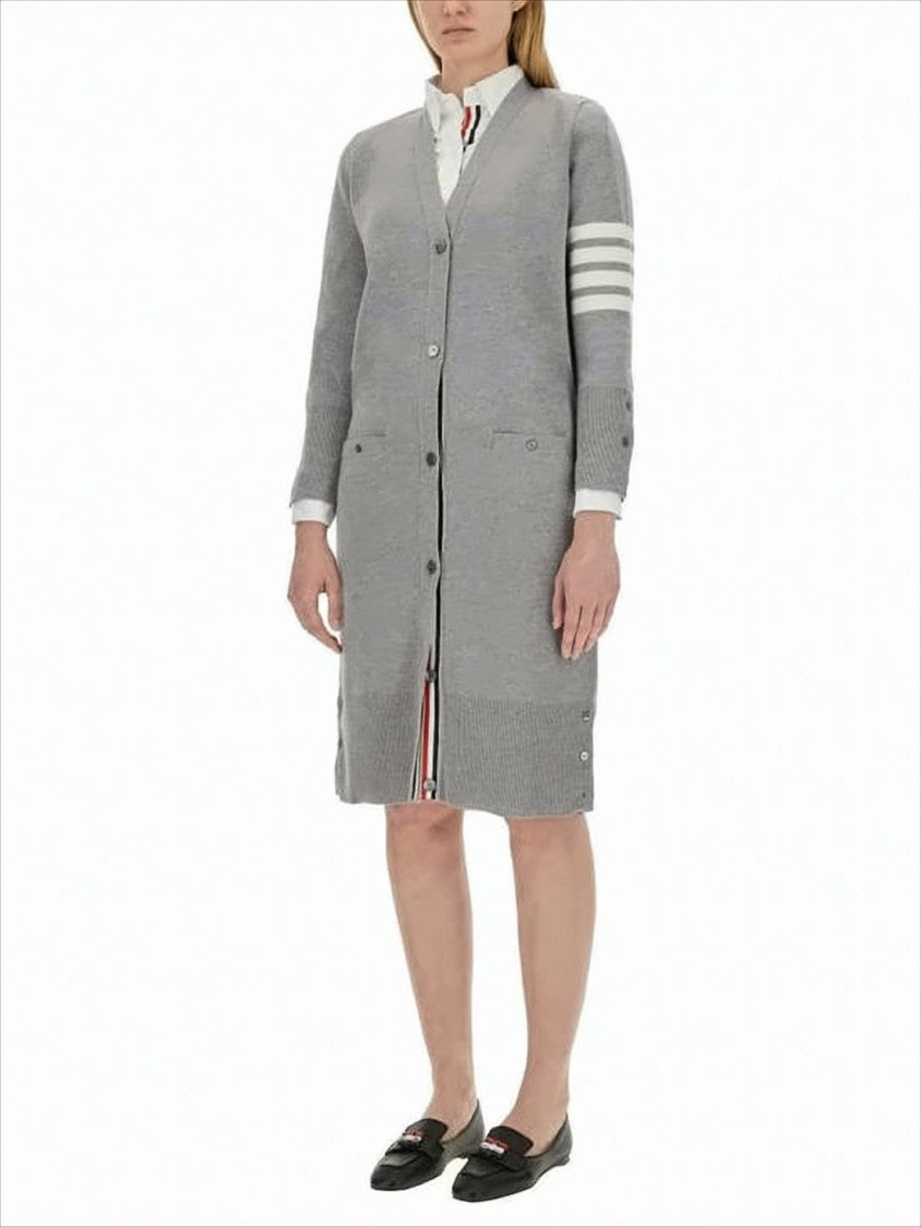 Light Grey Merino Wool Cardigan with Signature Stripe Accents