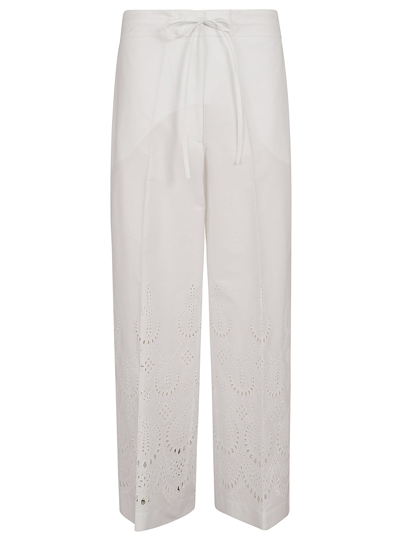 High-Waisted Wide-Leg Trousers with Eyelet Embroidery