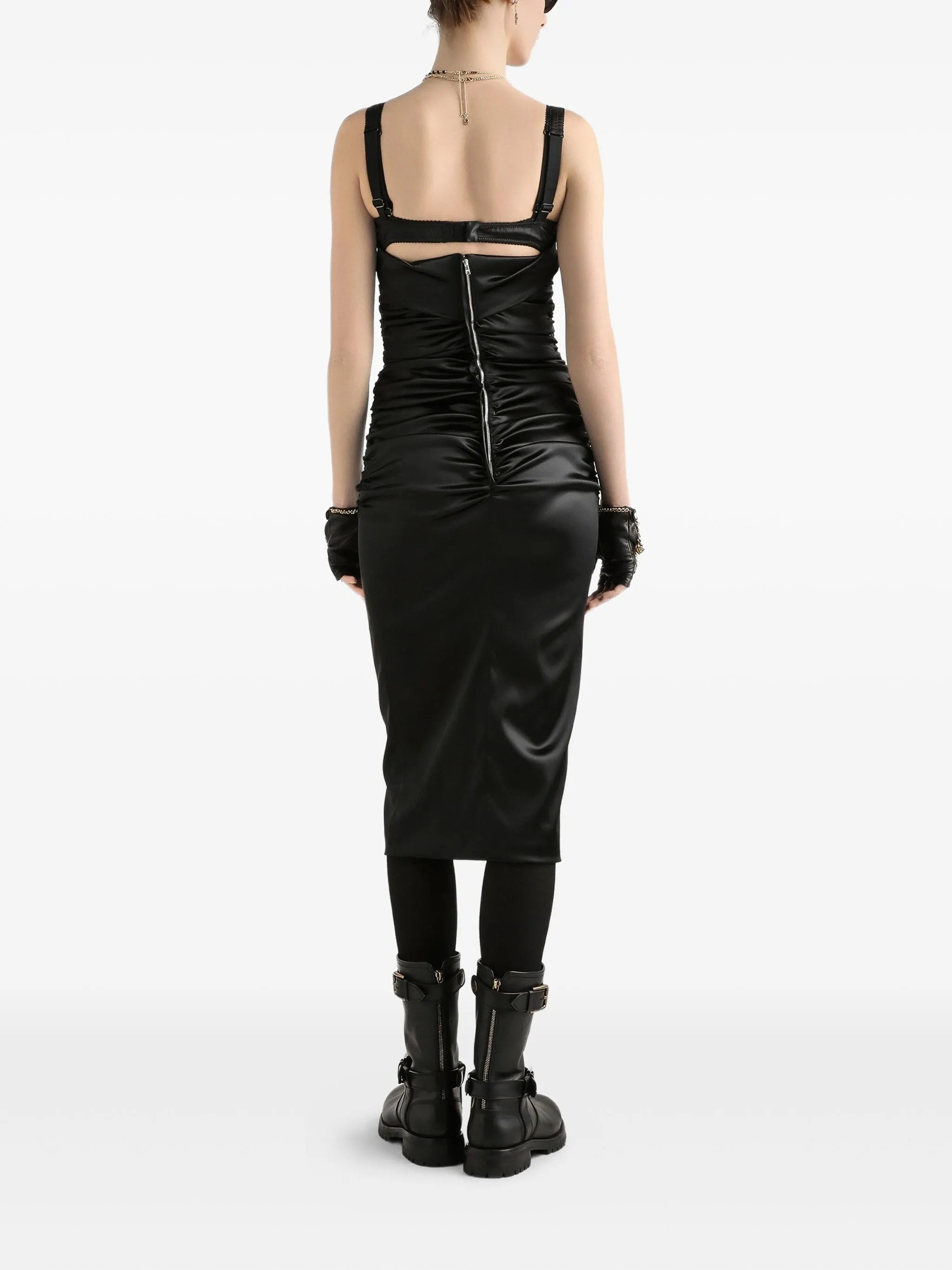 Fitted Black Ruched Cutout Midi Dress