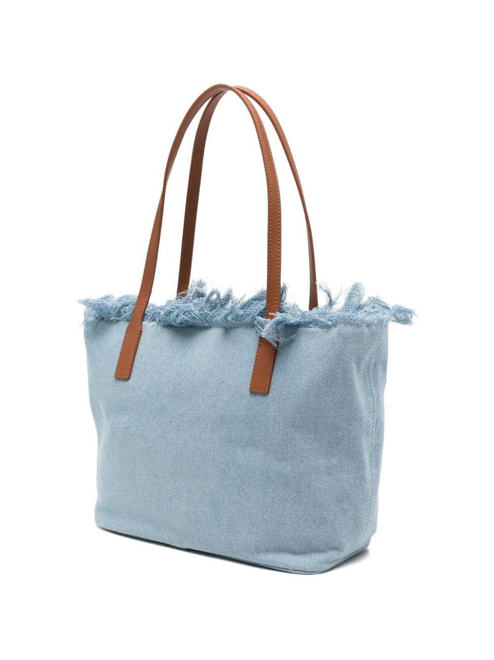 Frayed-Edge Denim-Look Tote Bag with Leather Handles