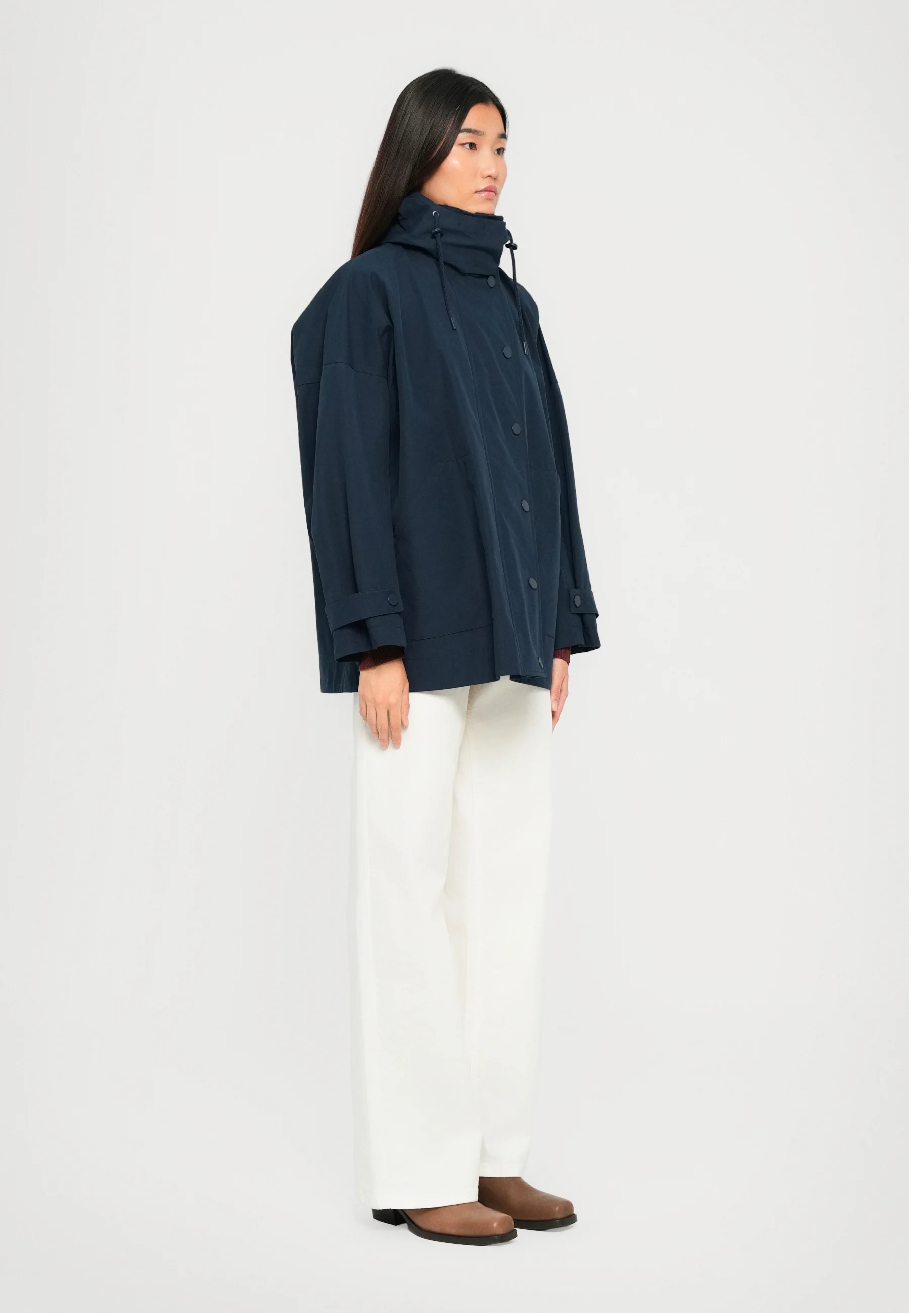 Versatile Blue Raincoat With Drawstring Hood