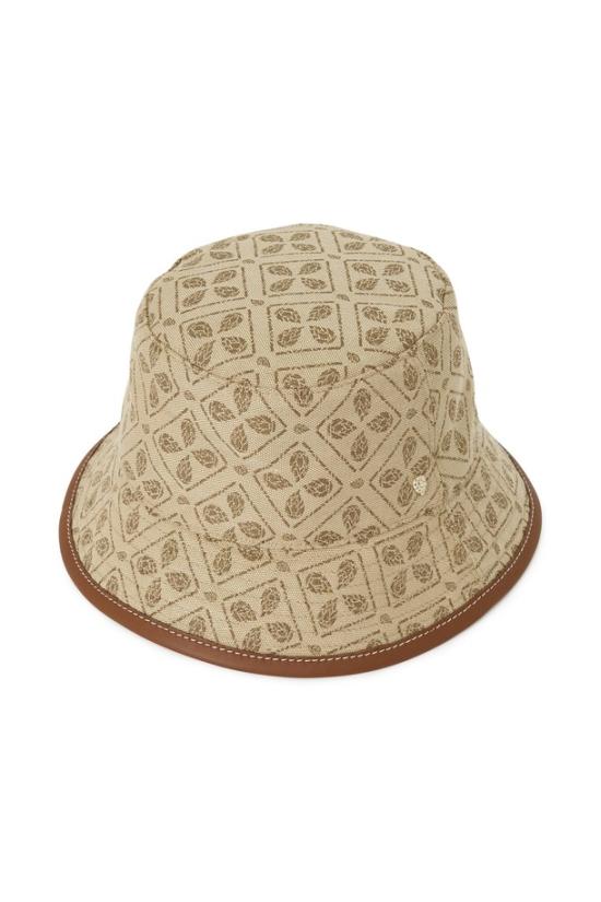 Beige Bucket Hat With Geometric And Leaf Pattern