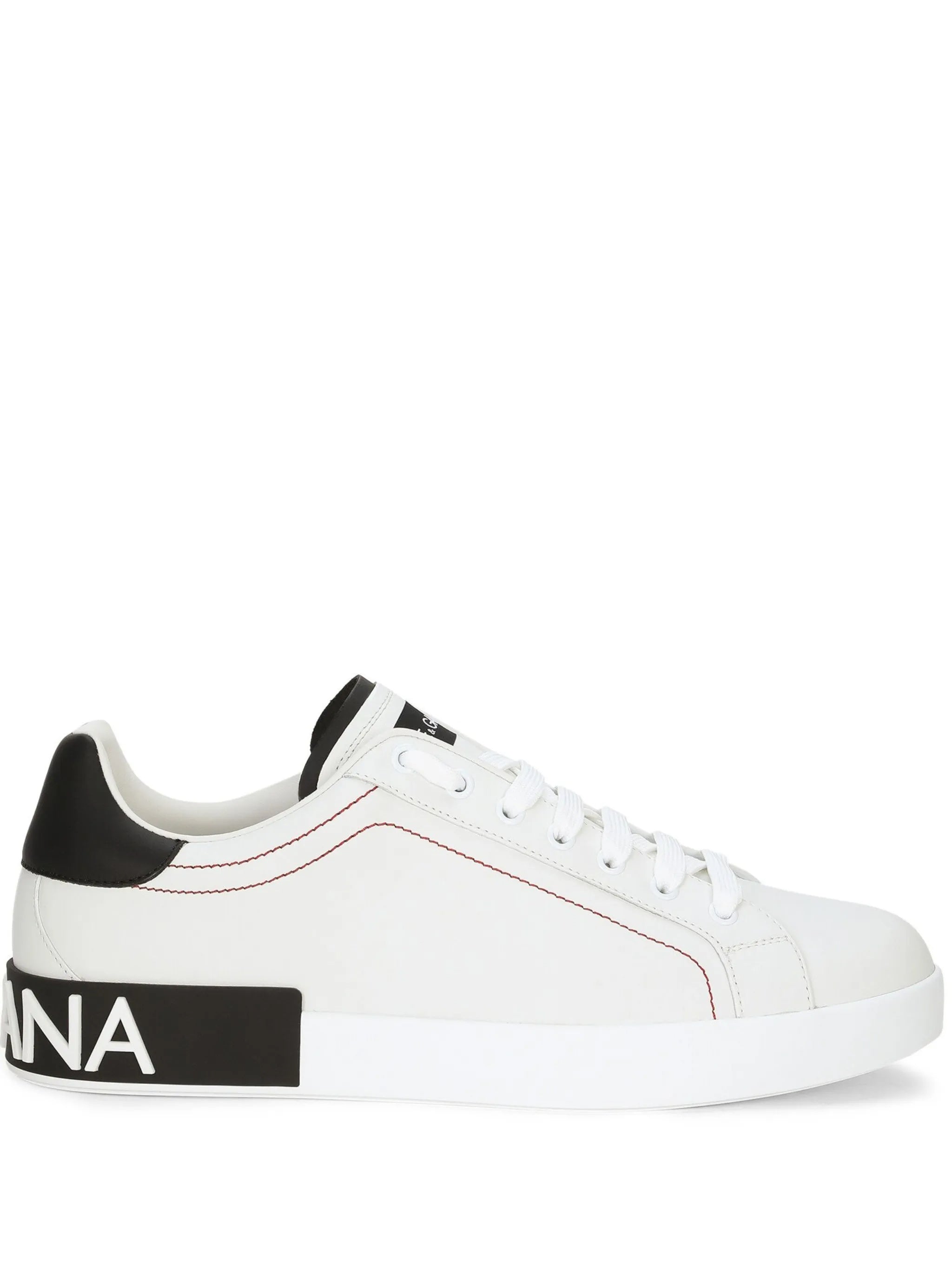 White Low-Top Red Stitching Leather Sneakers